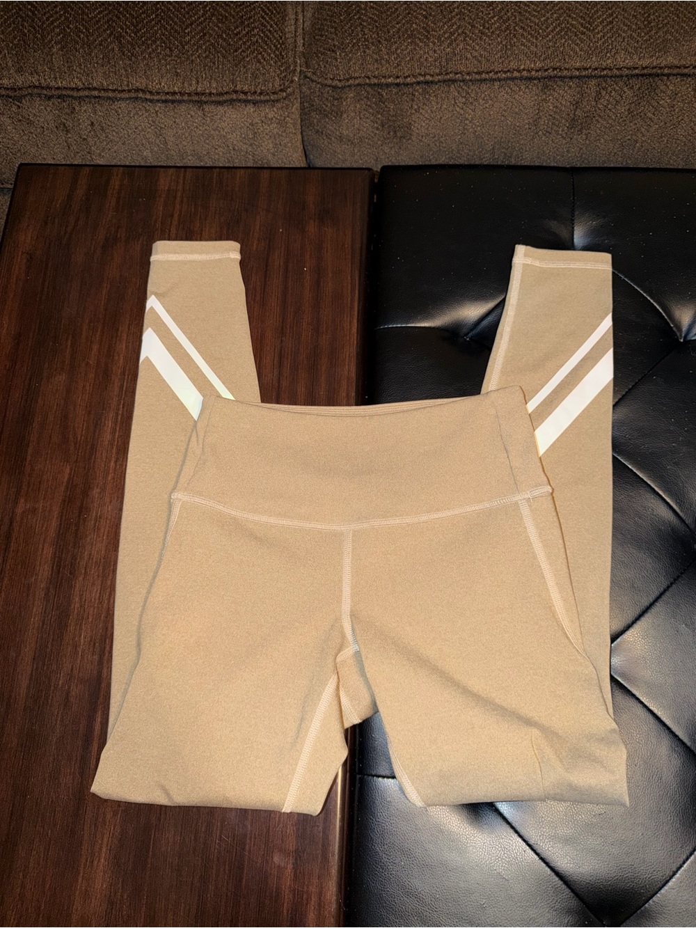Tory Sport Tan Leggings with White Diagonal Stripes #ToryBurch